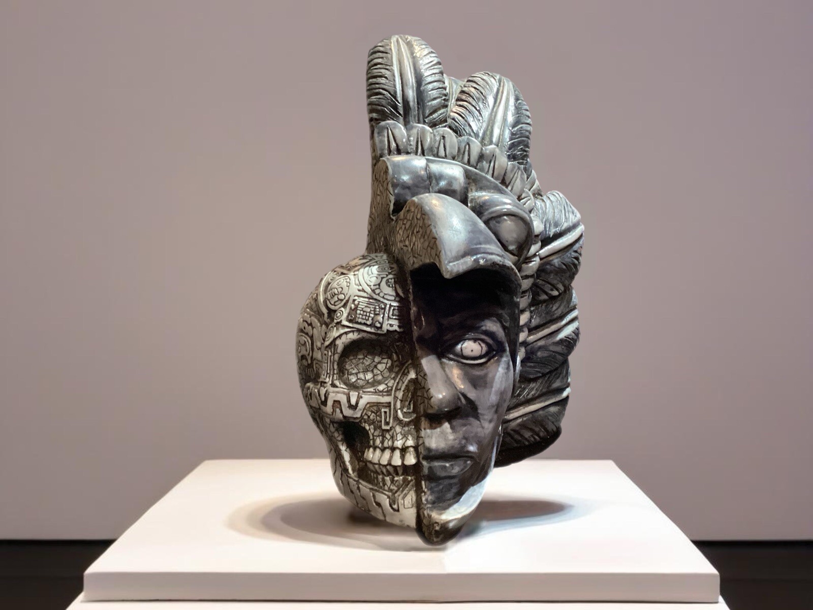 Jart Esculturas y Artesanias Aztec Skull/ Cuauhtemoc Warrior Resin Sculpture