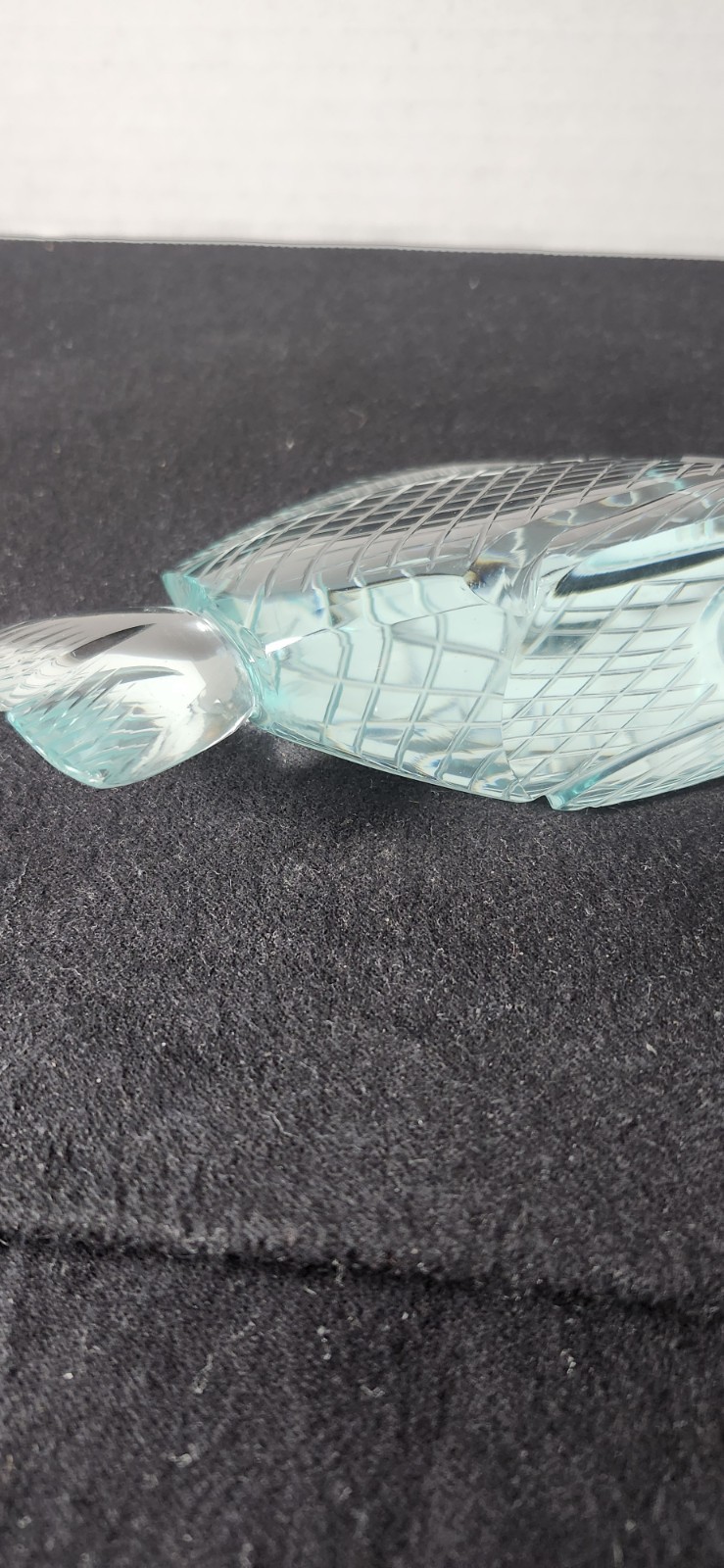 Carved Crystal Art Glass Fish Light Mint 3.75 X 7 Inches 1.75 Wide. Criss-cross