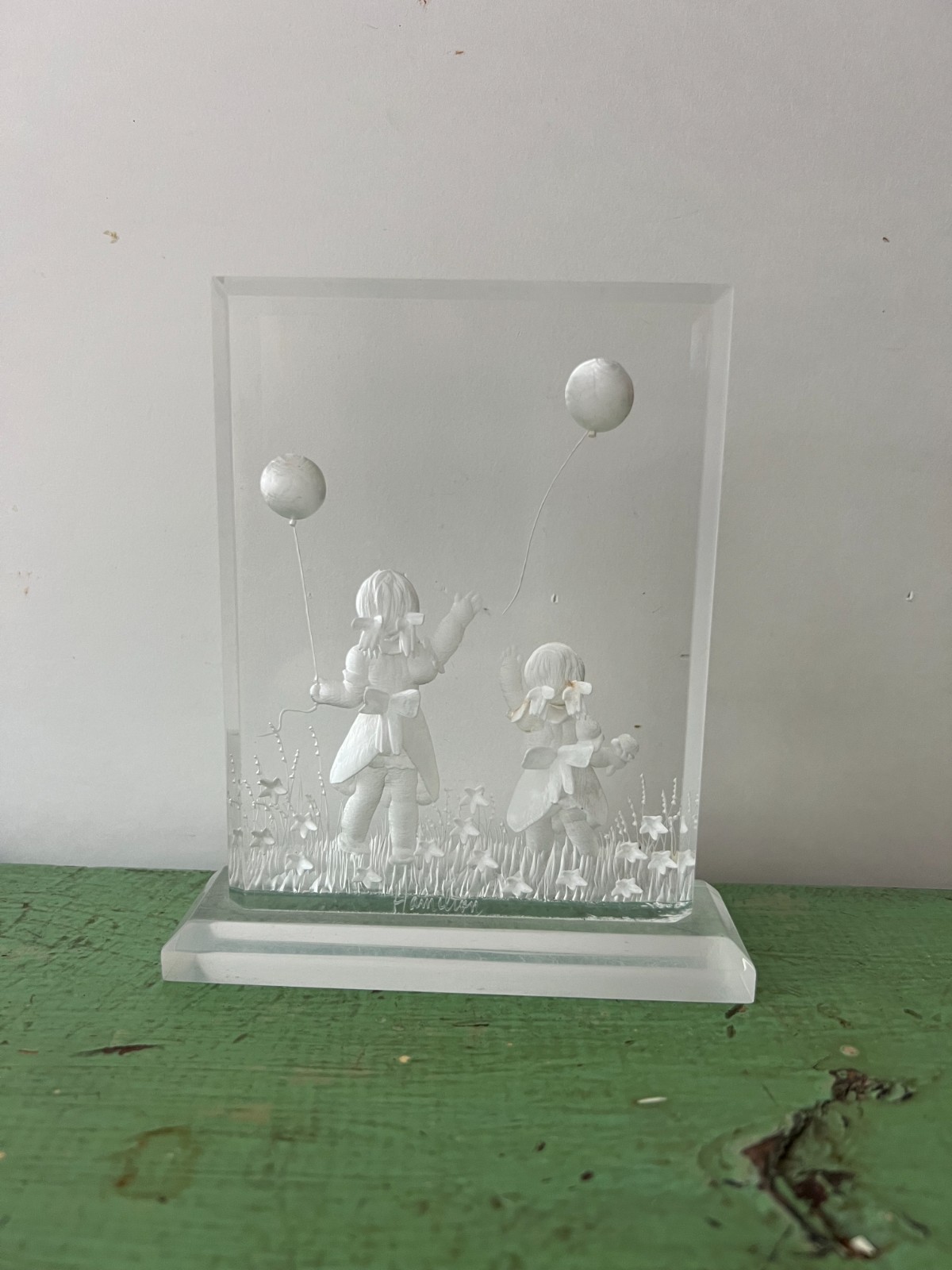 Vintage Lucite Art Sculpture- Signed Hamilton. Girls Balloons. Reverse Carved