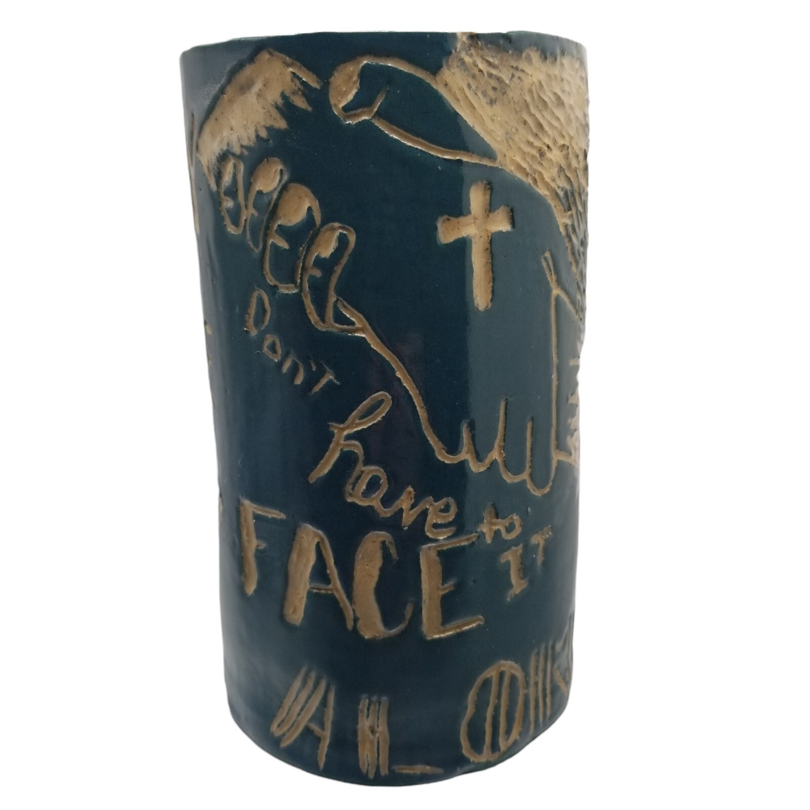 Inspirational Art Pottery Canister Art Piece Carved Message Hope Signed Blue 6&Prime;