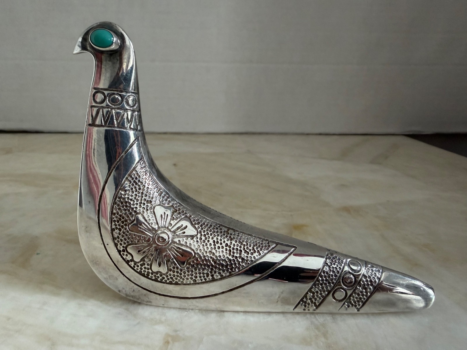 Rare Taller Tinta Ecuador Silver-Plated Bird Figurine w/ Turquoise Eye MCM 1960s