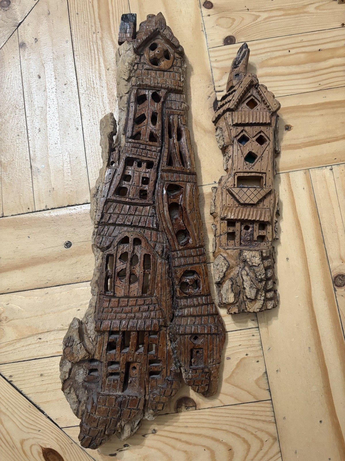SALE!! VTG Wood BARK Carved Wall Art BY “SALTY” Of AZ!! Intricate OOAK!! Set(2)