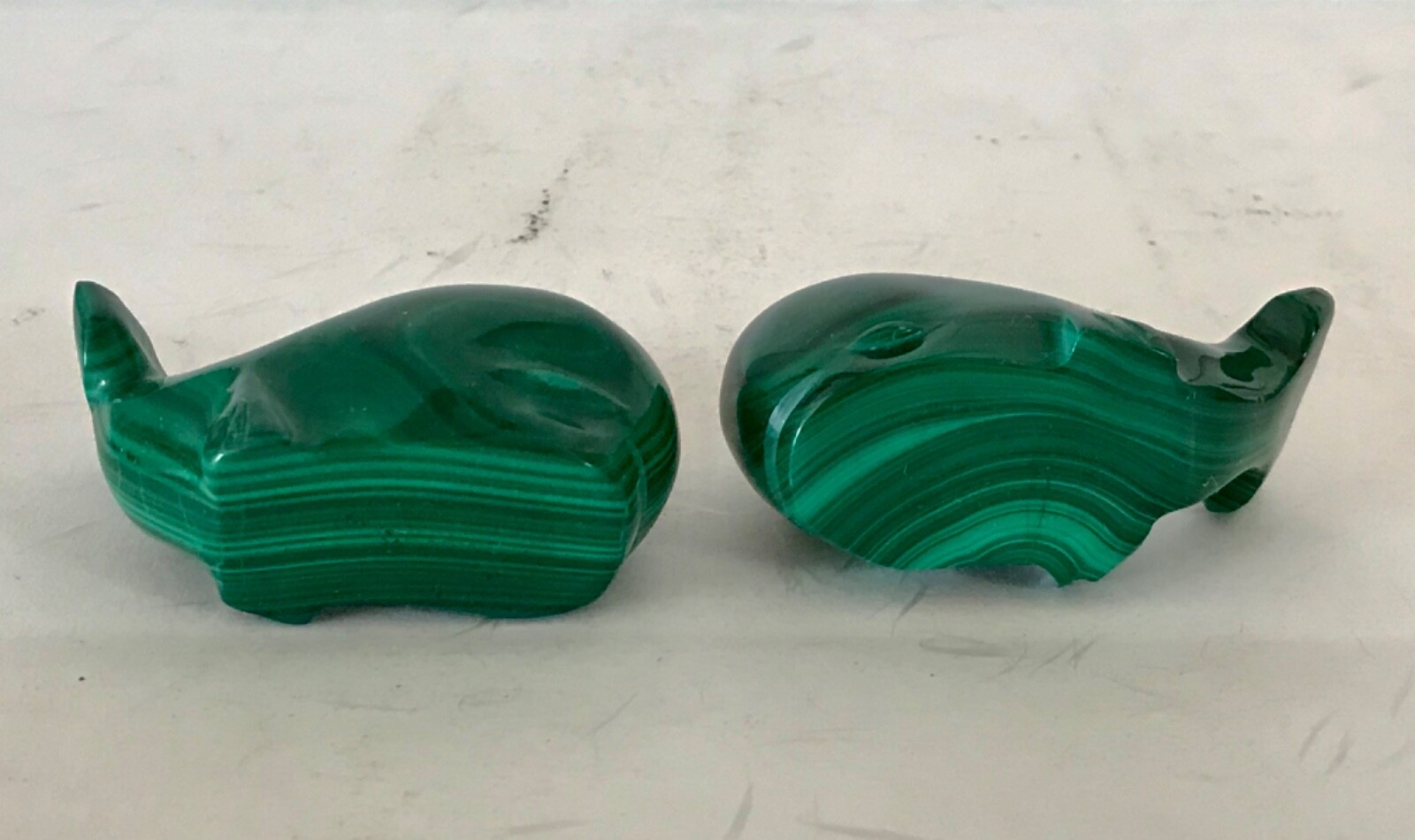 Pair of Small Malachite Whale Figuring Statue Sculptures 2.25&Prime; Long