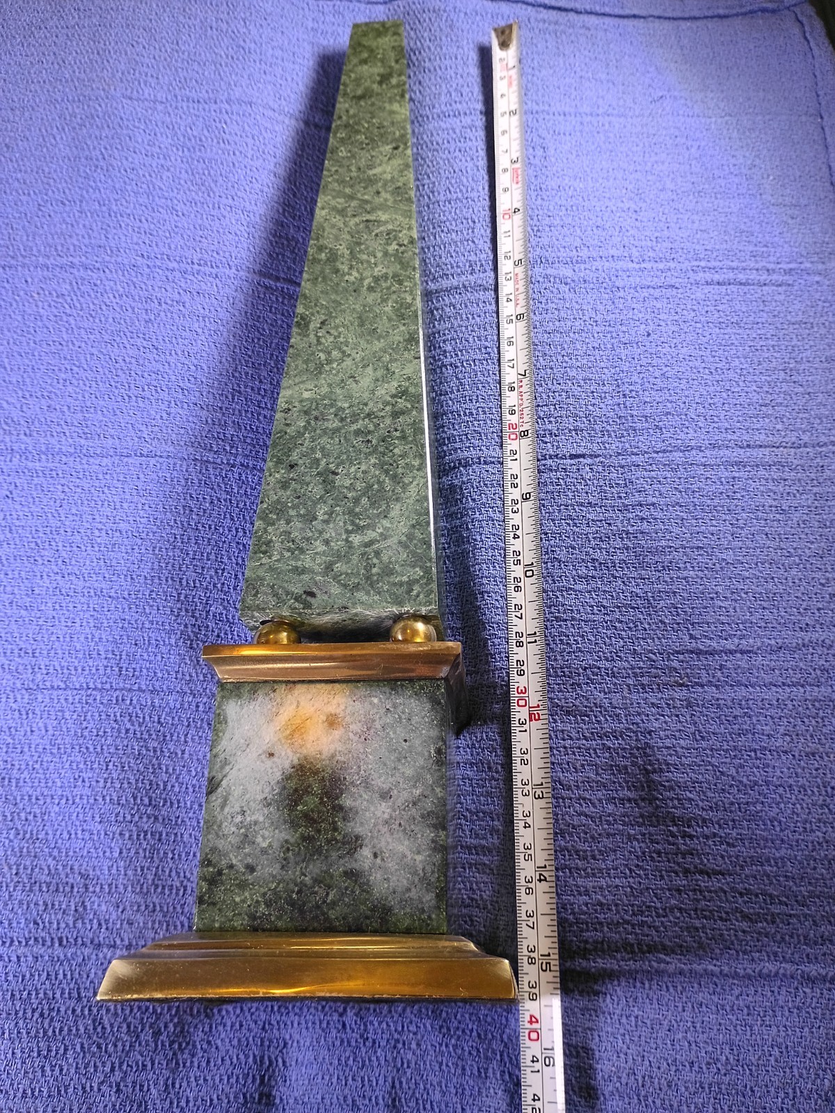 Vintage Green Marble Brass Obelisk Sculpture 15.5”