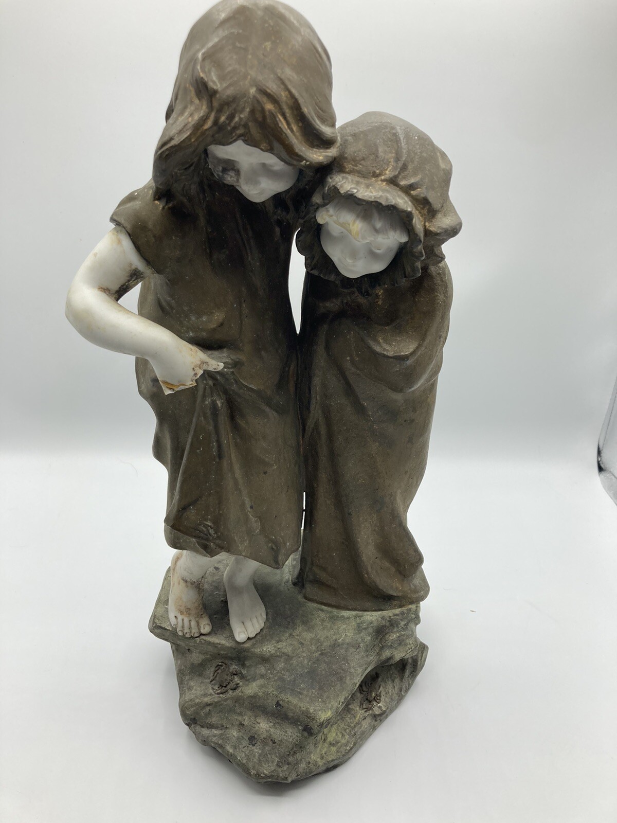 Antique Mednat Signed 19th Century Bronze Porcelain Bisque Sculpture Two Girls