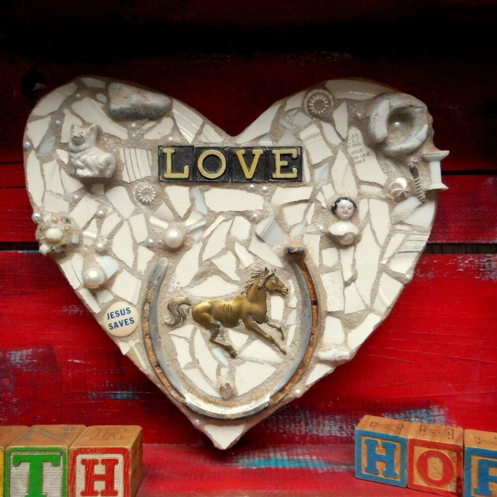 Country Heart Assemblage Wall Art Diorama Red Turquoise Blue Horse Whimsical