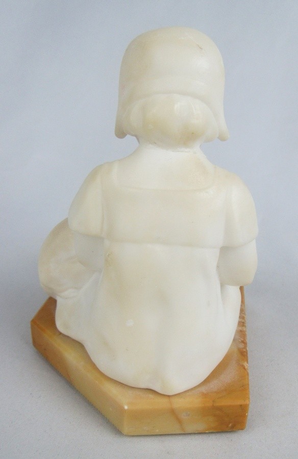 Antique Alabaster Little Girl with Cat in Lap Drinking Sculpture Figurine