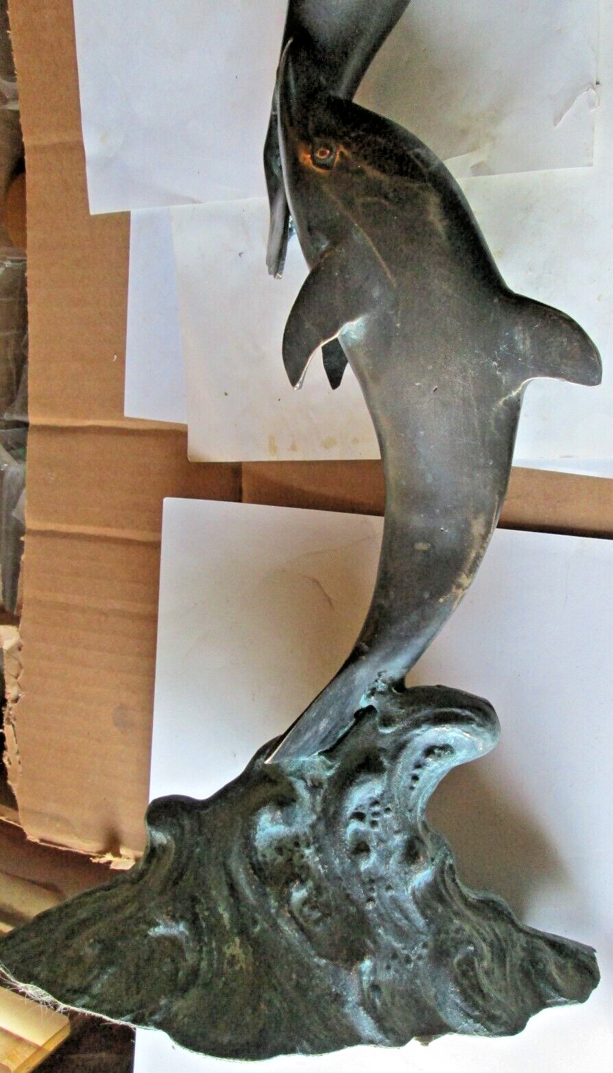 VINTAGE CAST BRONZE STATUE 2 DOLPHINS AT PLAY, 20&Prime;x8 5/8&Prime;x4 1/2&Prime; 5LBS. USED