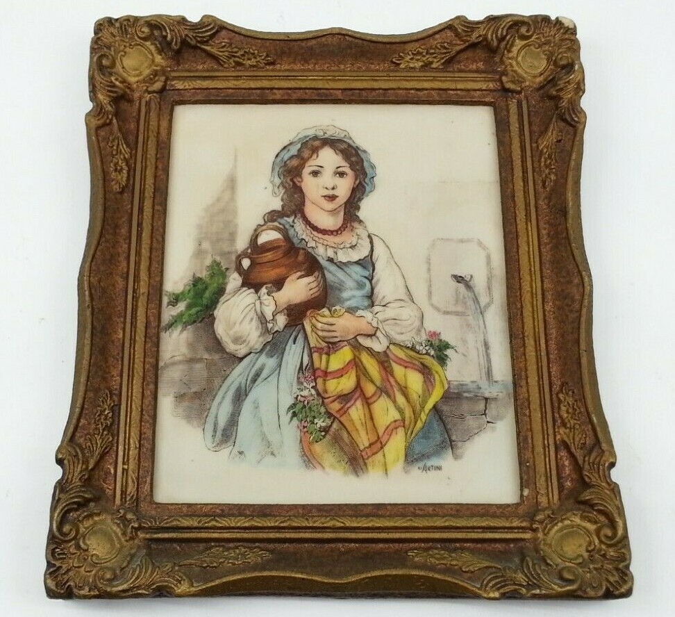 Vintage 4D Artini Sculptured Engraving Hand Painted Twin Etched Girl Flowers