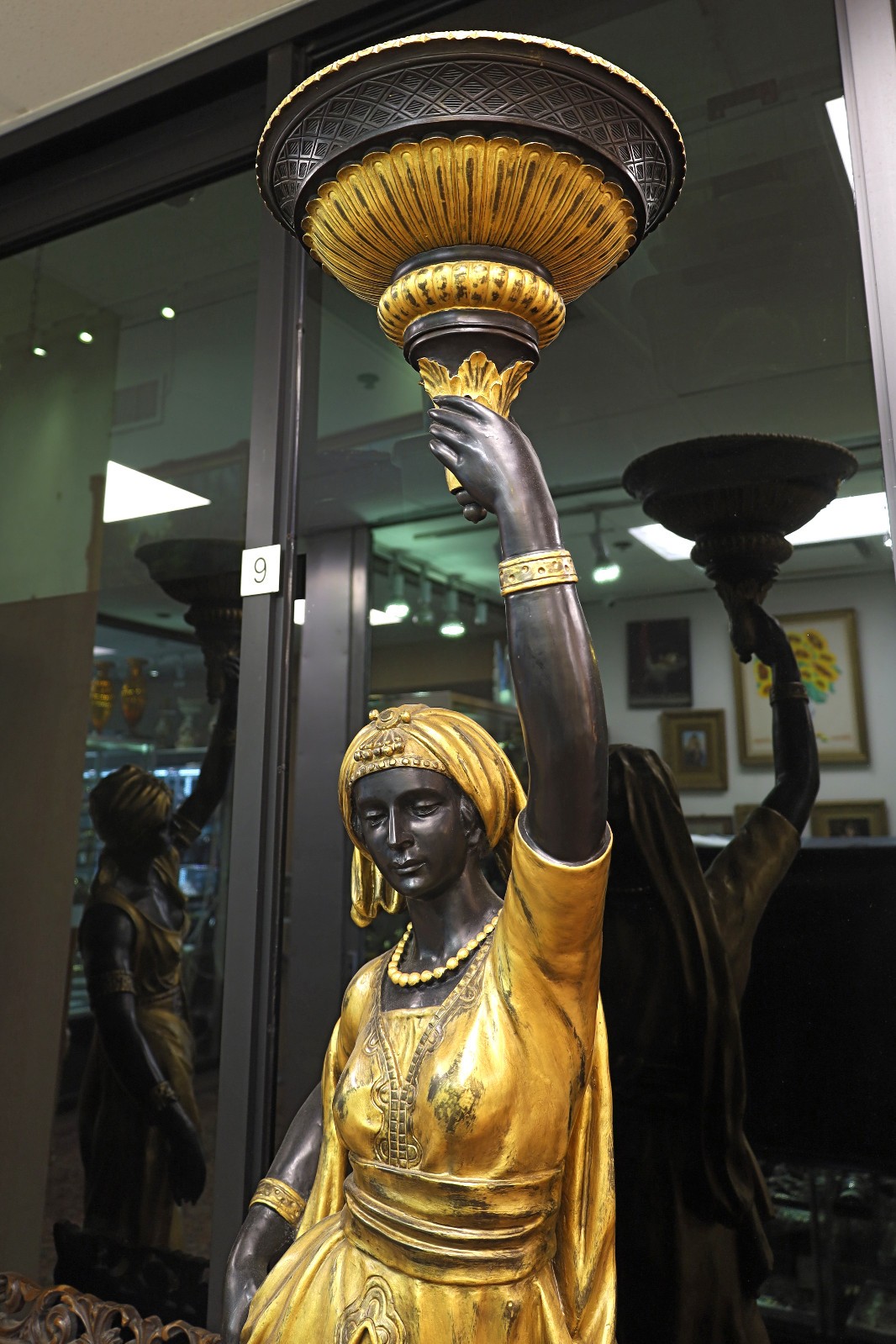Pair of Bronze Nubian Female Statues, Torchere Standing Lamps, Free USA Shipping