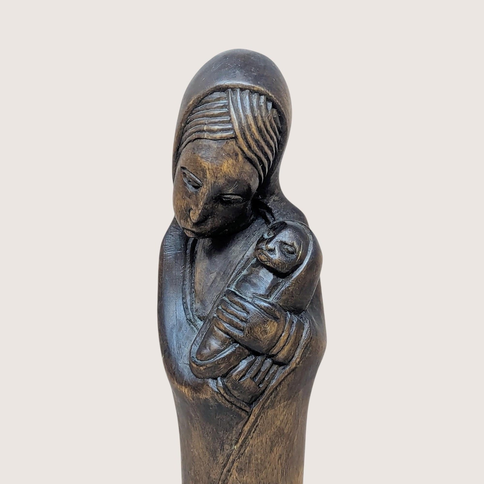 1960s Hand Carved Wood Madonna and Child Figurine