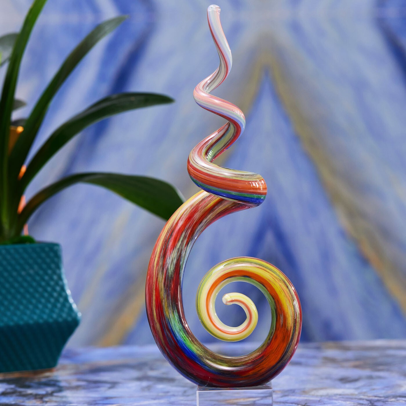 Hand Blown Abstract Rainbow Swirl Sommerso Art Glass Sculpture 12 inch tall