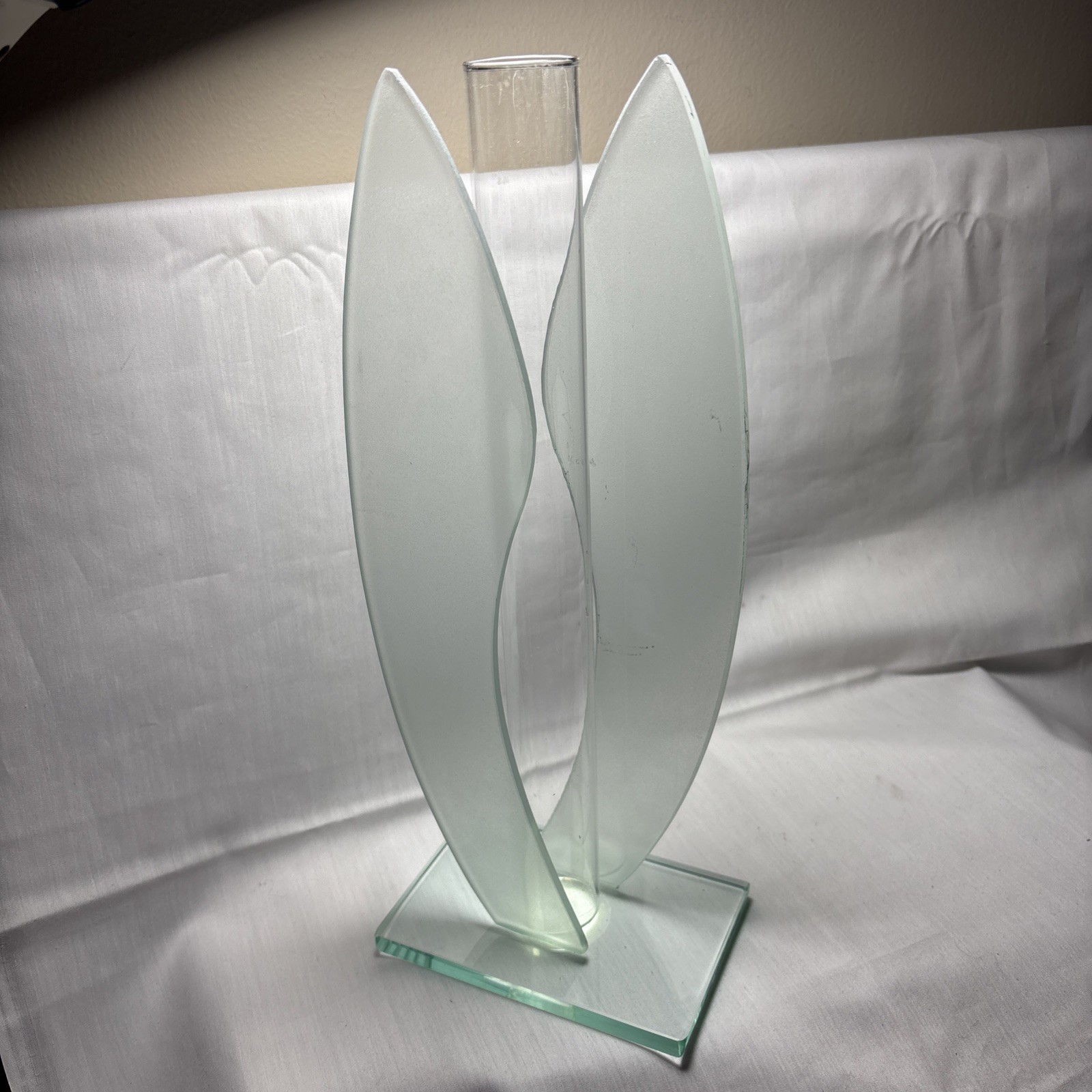 Retro Vintage Modernist Double Flames Sculpture Acid Glass Vase 12&Prime; Tall 2AA