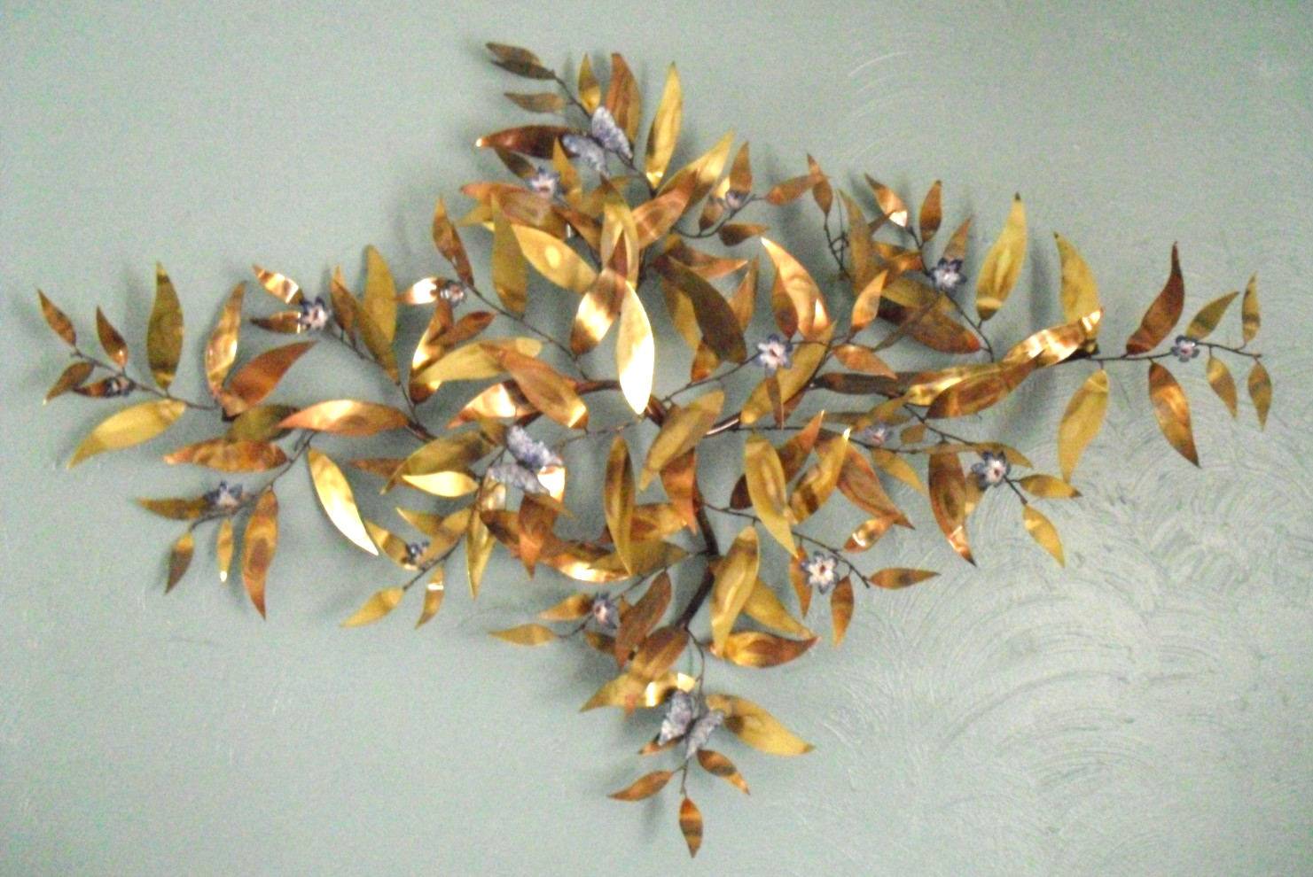 Vintage McM Flower Butterfly Wall Sculpture Enamel Brass Copper Branch 40&Prime;