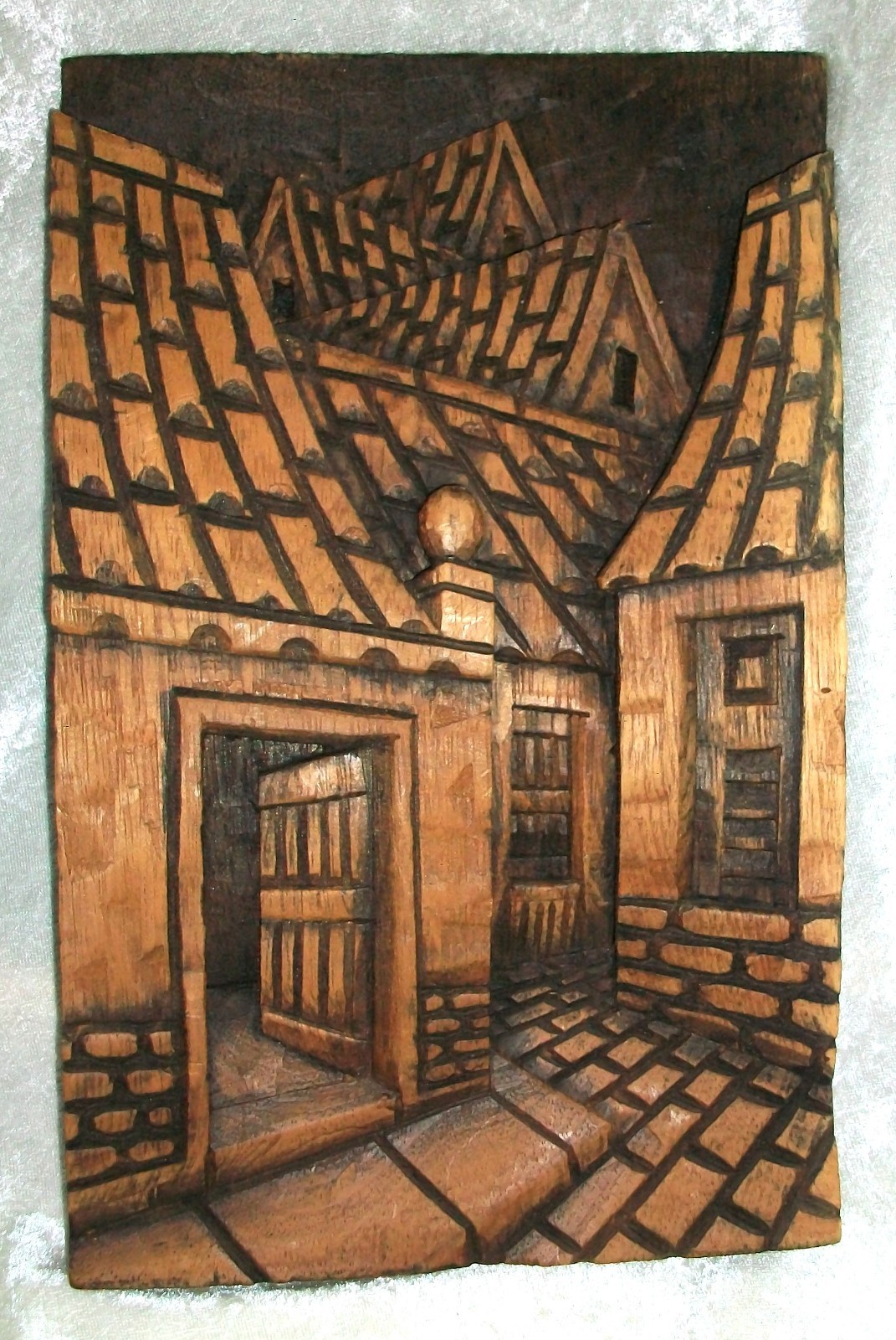 Vintage Valdir Carved Wood Favela Tile Roofs Bas Relief Sculpture Rio Wall Art