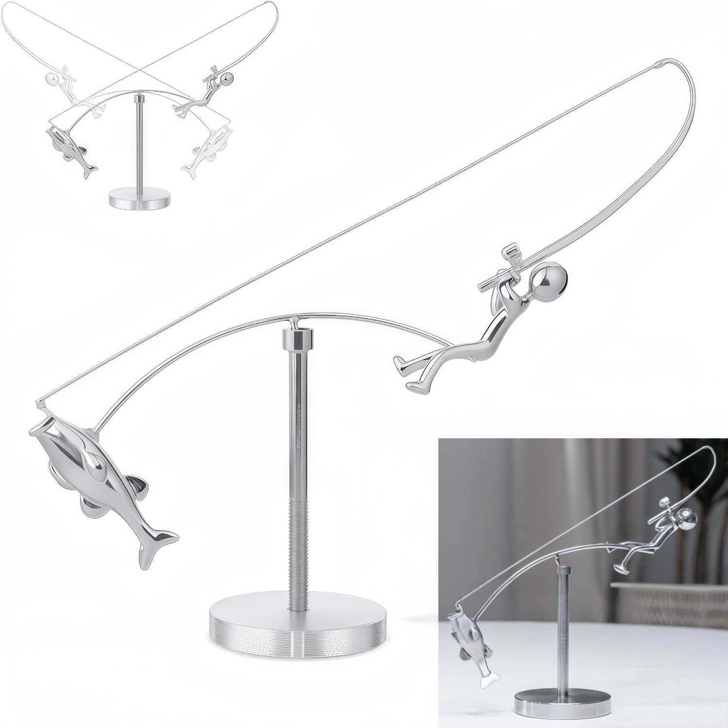 The Fisherman Balancing Sculpture,Kinetic Fishing Sculpture – Balance Art for Yo