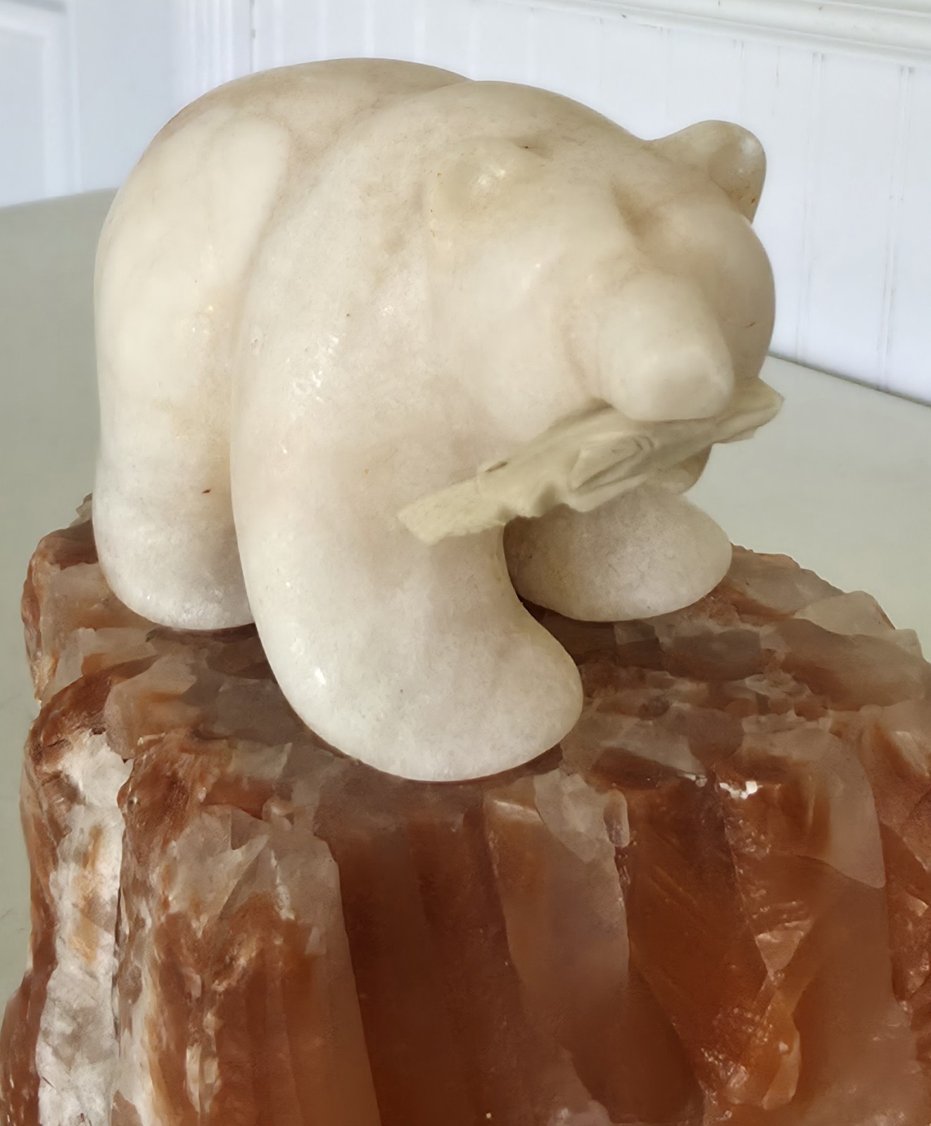Eddie Lee SIGNED Carved 8&Prime; Alabaster Bear w/ Fish on Red Calcite Base – OOAK