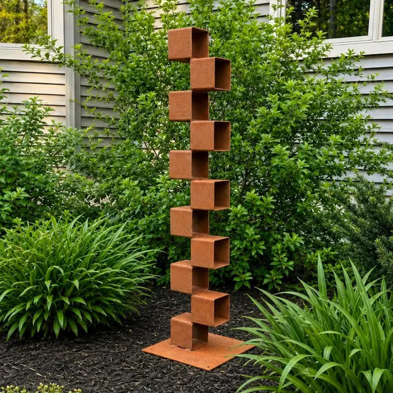 Tall Geometric Garden Sculpture – 45” Rusted Steel Cube Column, Modern Yard Art