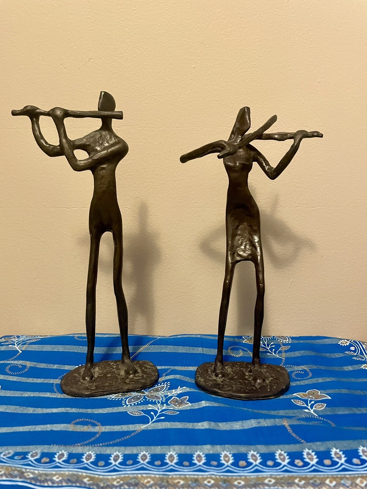 2 Vtg. Bronze Brass Modernist Alberto Giacometti Style Musicians Hand Cast