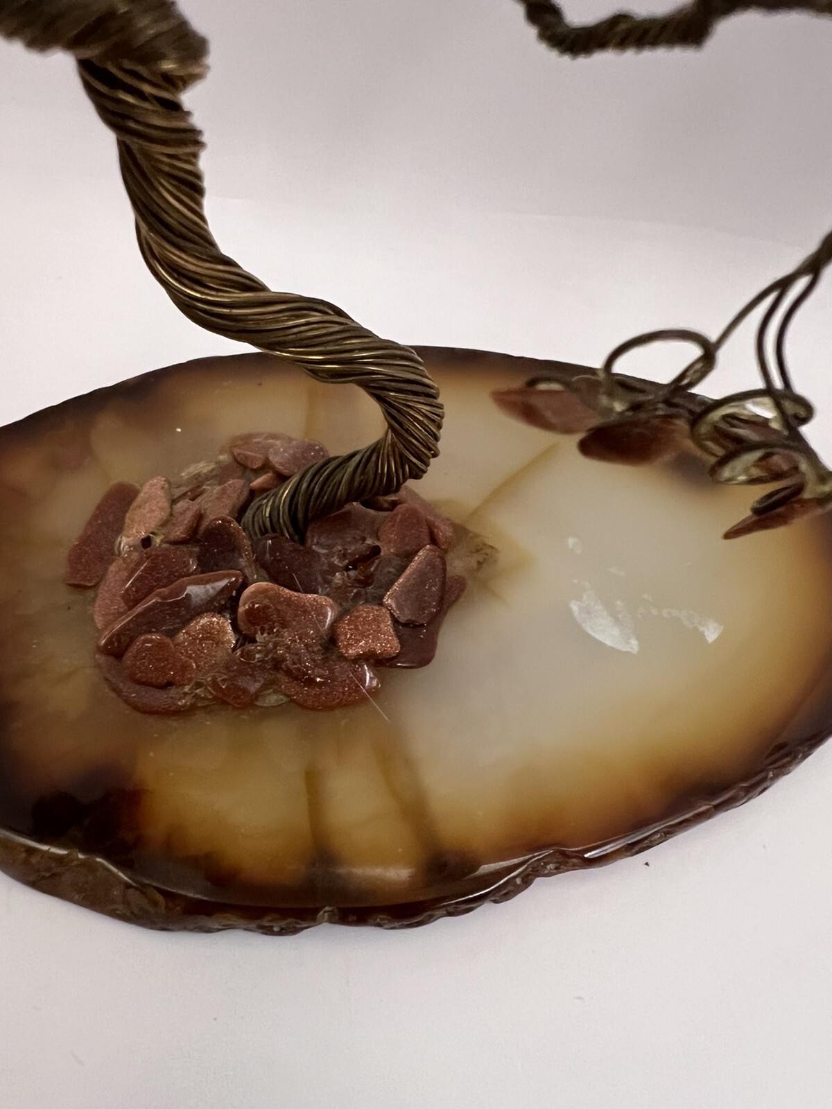 Wire Sculpture Bonsai Tree Agate Base Birthstone Gemstone Brown Decor Nature