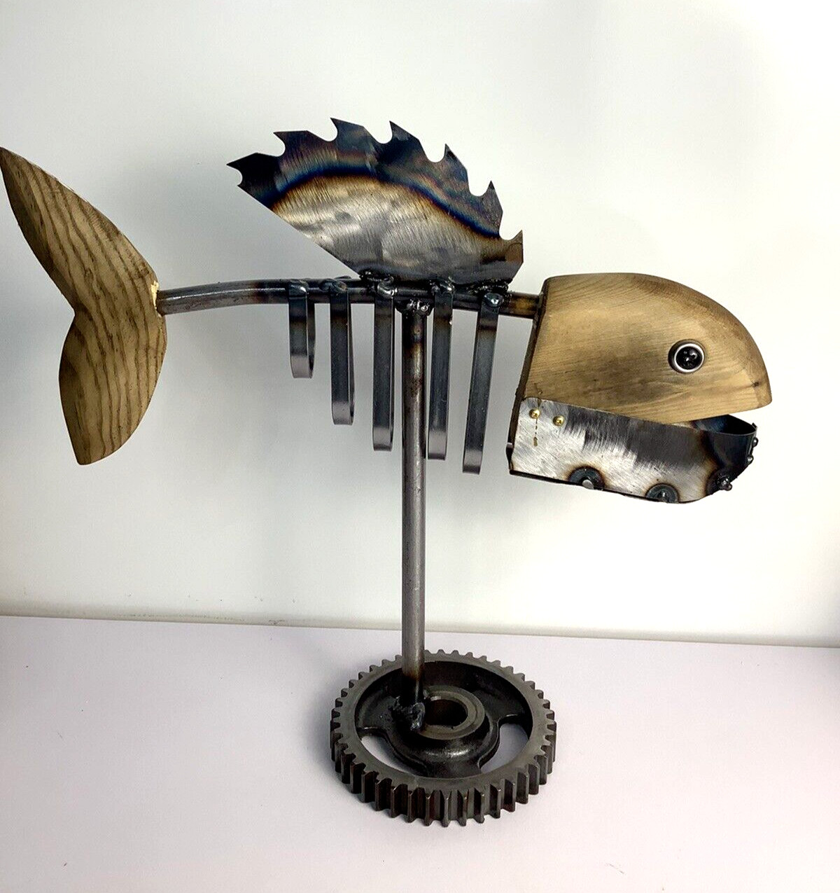 Rare One of a Kind Metal Art Fish With Wooden Head And Tail Handmade 14&Prime; x 14&Prime;