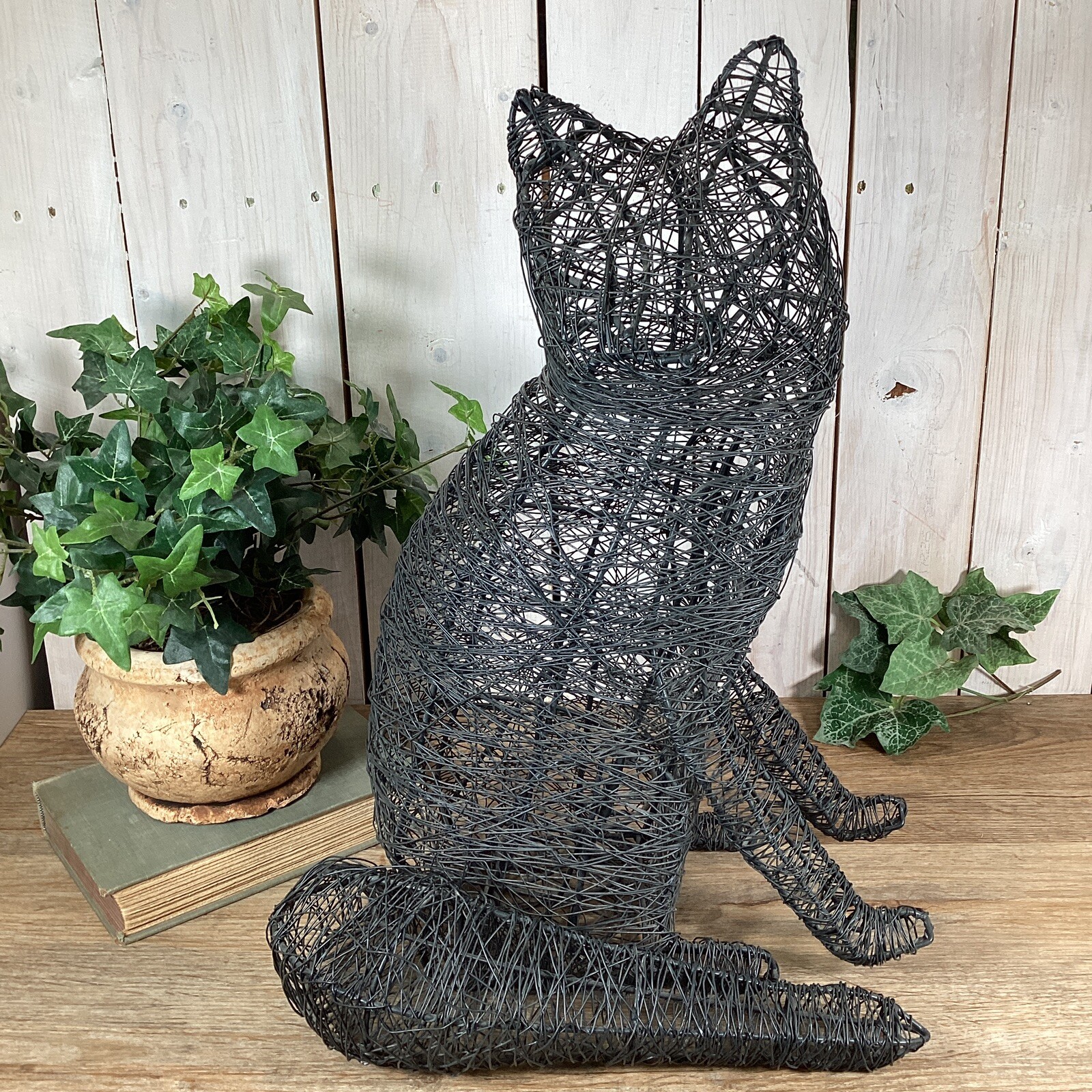 Contemporary Cat Or Fox Metal Wire Sculpture 18.5” Tall Modern Animal Art Decor