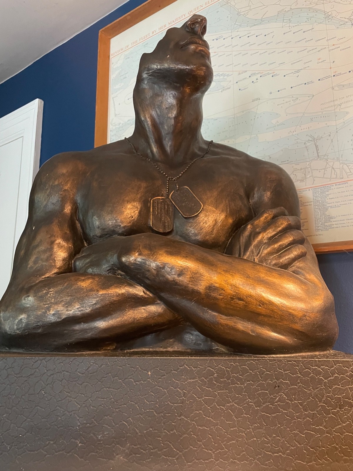 Modern Bronze Style Male Torso Sculpture Dog Tags Military Navy Tribute Bust
