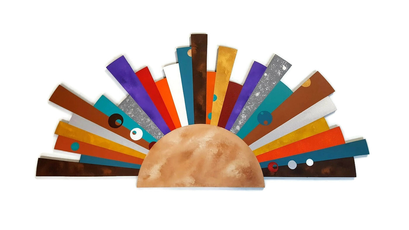 Abstract color burst wood wall hanging – Sunburst Wood wall sculpture – 48X24