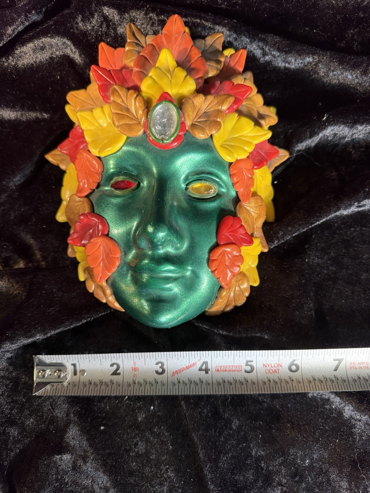 Green Man Face Tree Man Mythical Wall Sculpture Mask Jeweled Eyes and Forehead