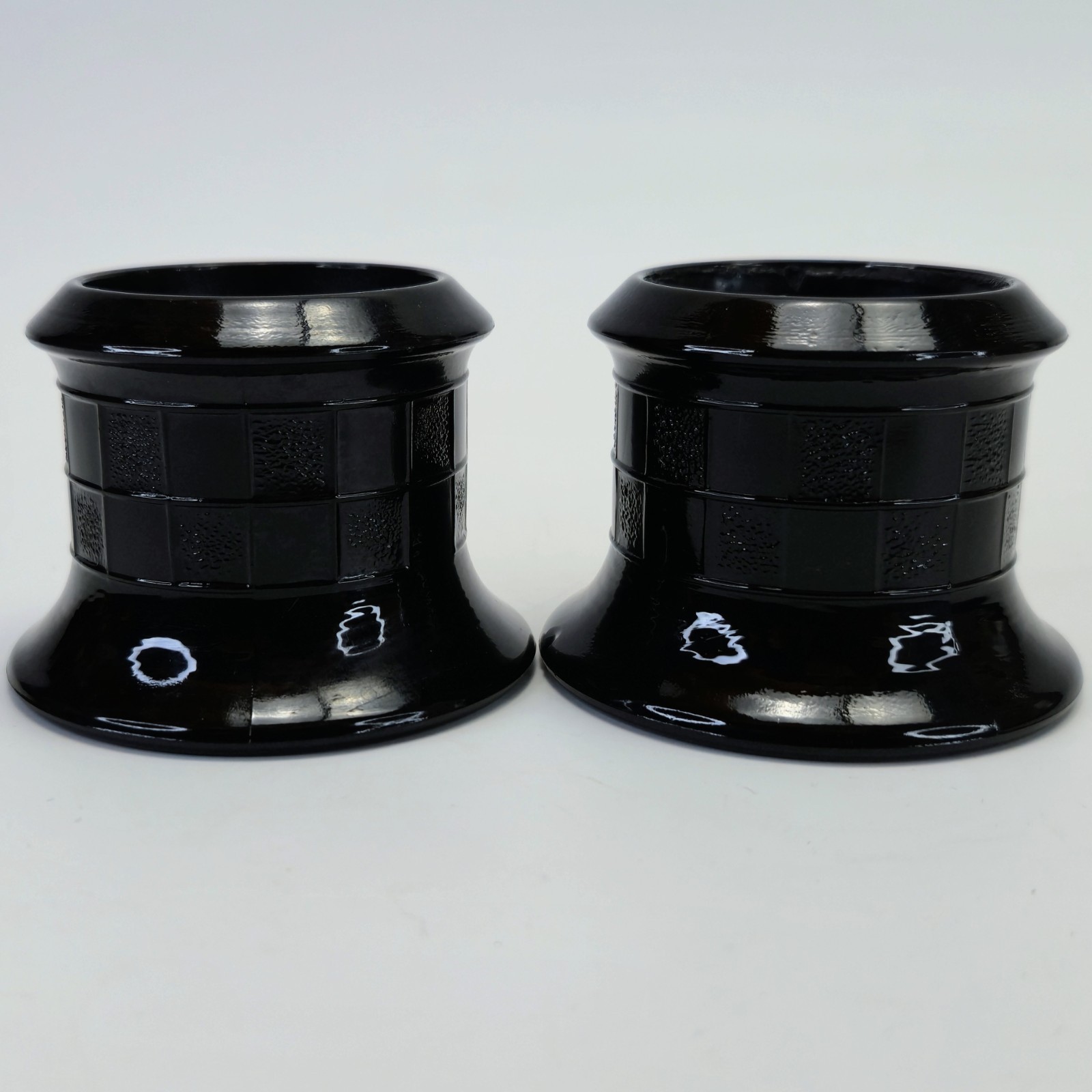 2 Zeller Morgantown Black Glass Gazing Witching Ball Stands Set Possibly 1930s