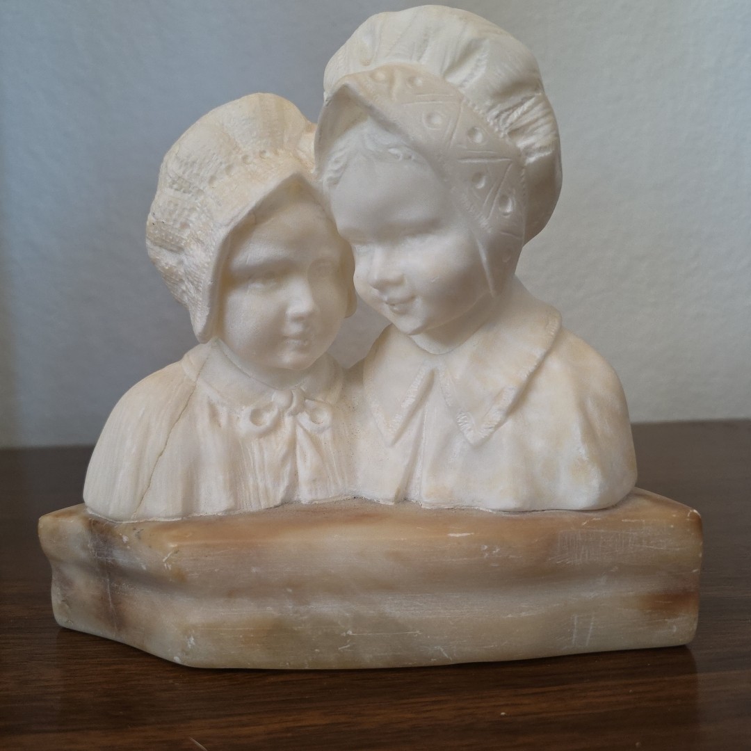 Antique Carved White Marble Alabaster ? Double Bust Girls in Bonnets