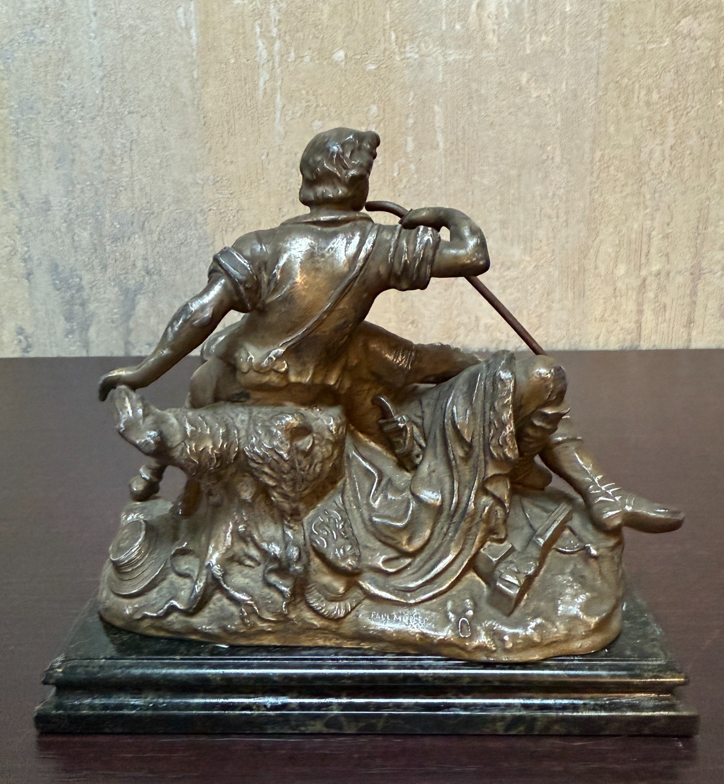 P.Müller Signed Figurative Group – Shepherd Aiding Elder Bronze on Marble c.1900