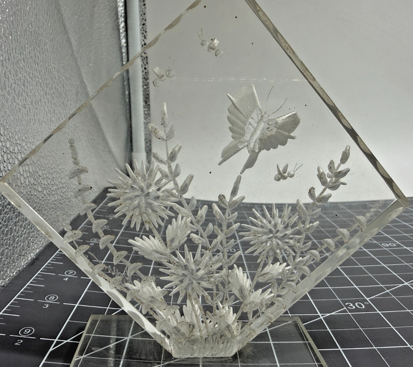 Reverse Carved Lucite Acrylic Butterfly & Flowers Sculpture Signed C. Folkertsma