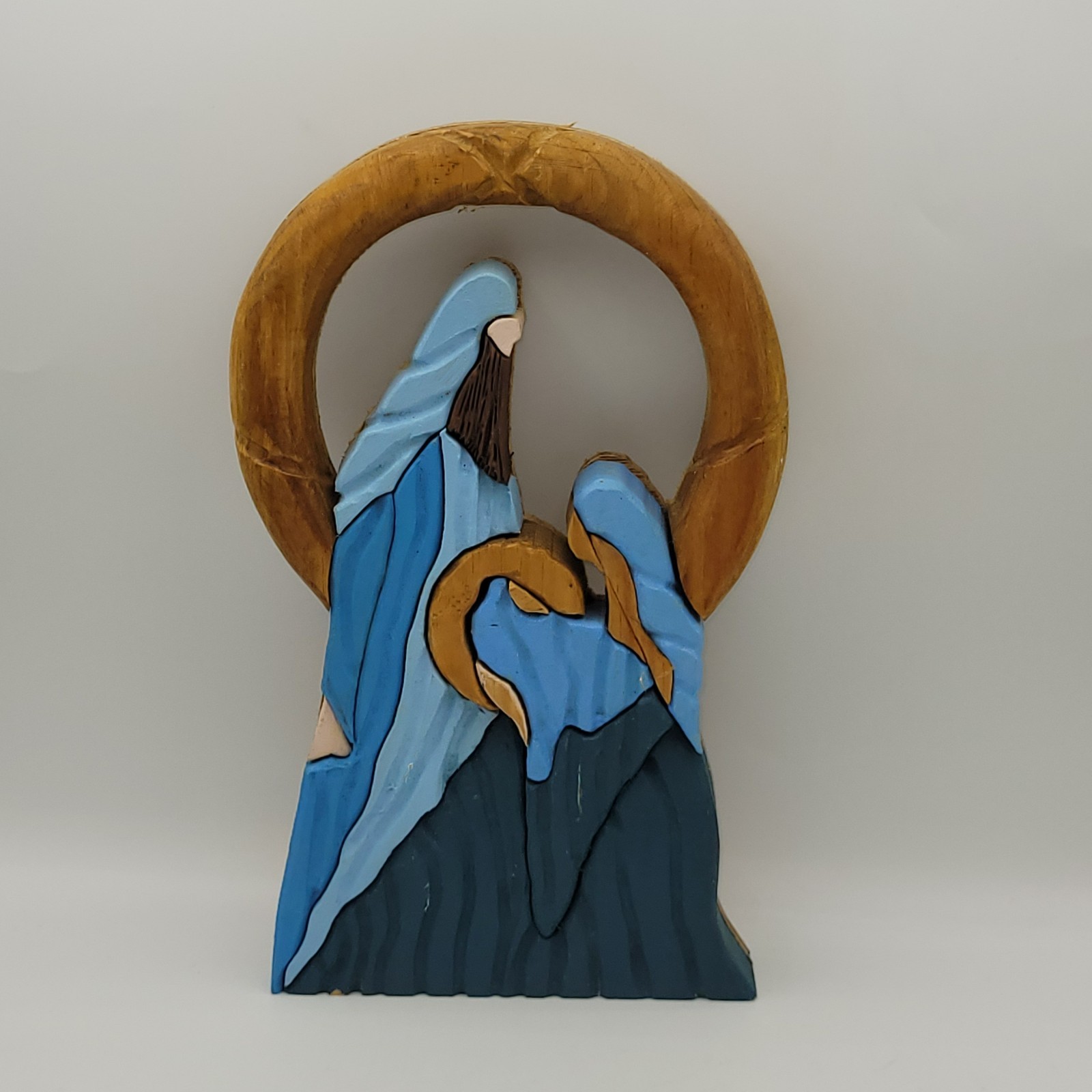 Nativity Wooden Intarsia Signed Blue Brown