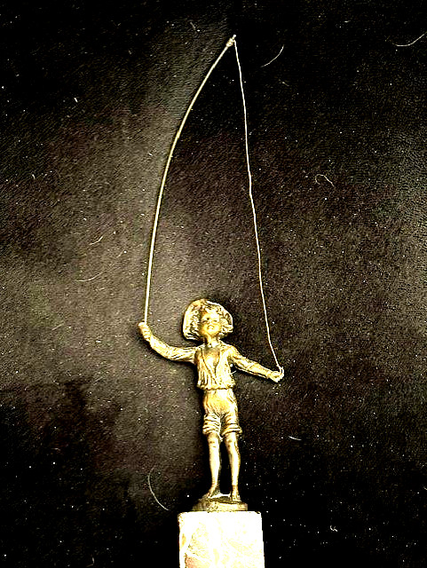 Bronze Boy Fishing Sculpture on Marble Base 11&Prime; High, Base 1 1/2&Prime; Sqare