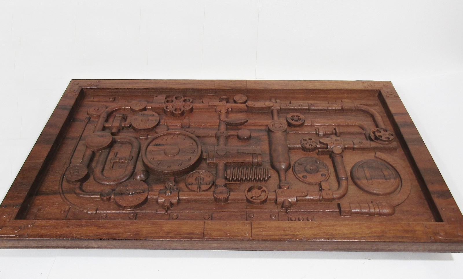 Industrial Steampunk Carved Wood Pipes & Gears Relief Wall Art Panel 20×12