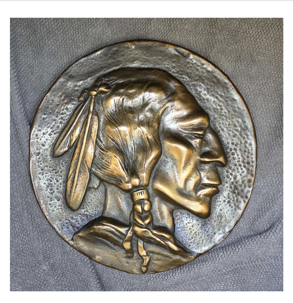 VINTAGE CAST BRONZE INDIAN HEAD PLAQUE * James Earle Fraser Buffalo Nickel 8”