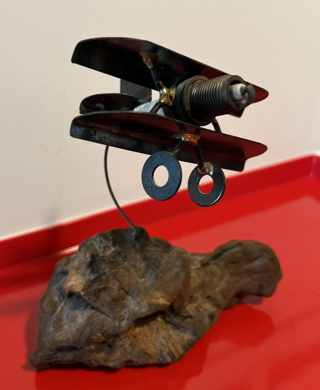 Vintage Metal Airplane on Burl Wood Spark Plug Folk Art ~ Signed