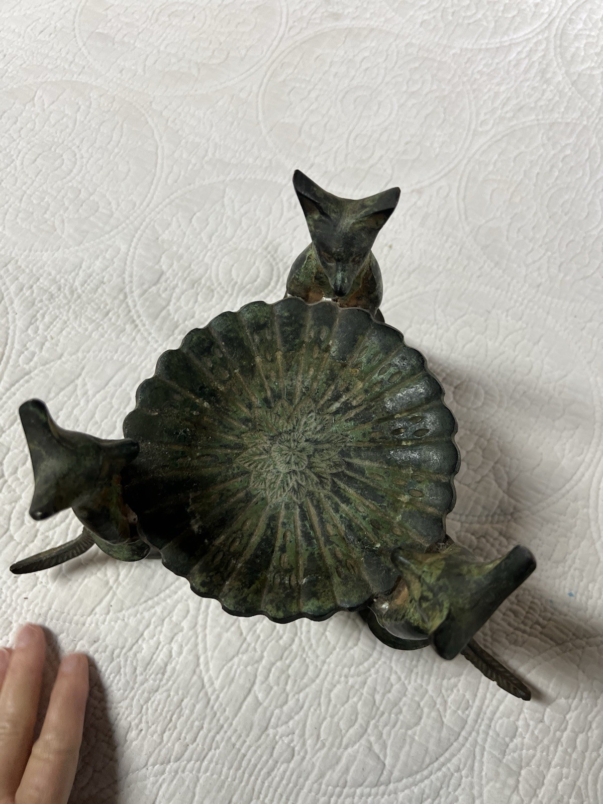 Vintage fox/dog candle holder/key caddy. Whimsical serving pose rich age patina