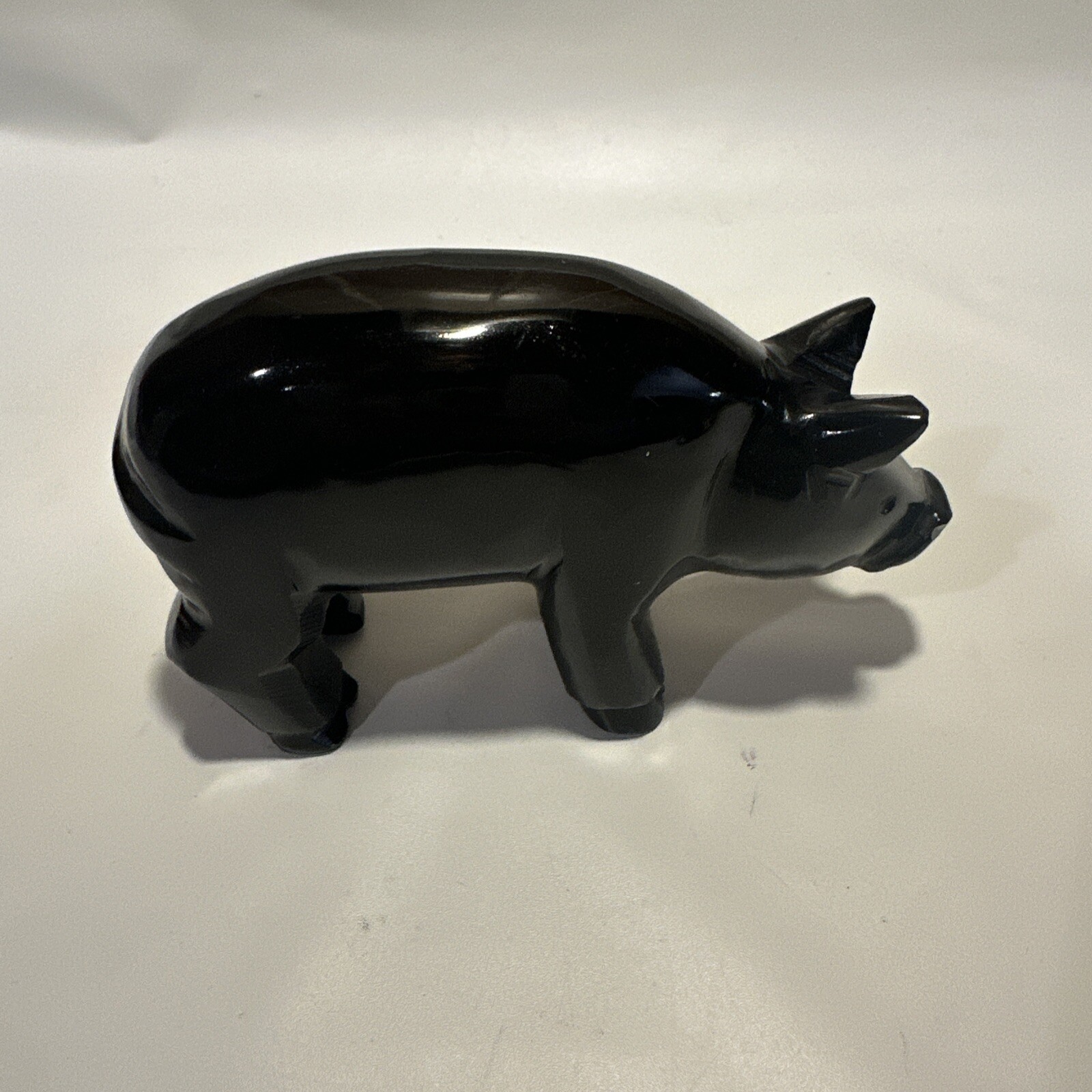 Carved Pig Black Stone Shiny Large