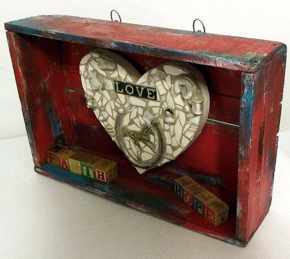 Country Heart Assemblage Wall Art Diorama Red Turquoise Blue Horse Whimsical