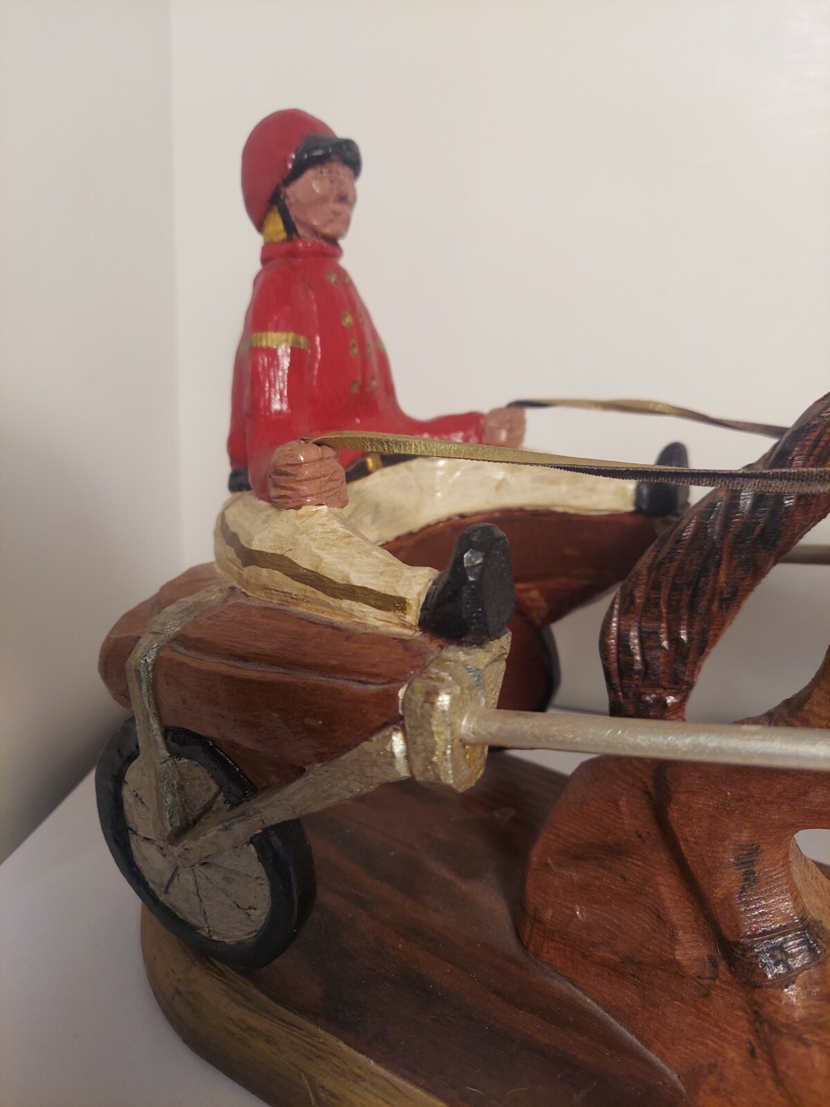 Jockey And Horse Racing Cart Hand Carved Vintage Americana Wood Sculpture