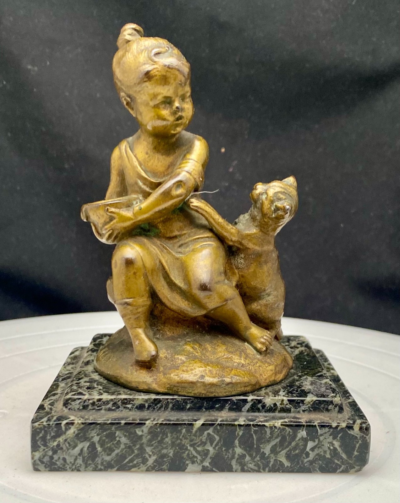 ANTIQUE LOUIS KLEY FRENCH BRONZE SCULPTURE SEATED GIRL w/CAT, MARBLE BASE, c1890