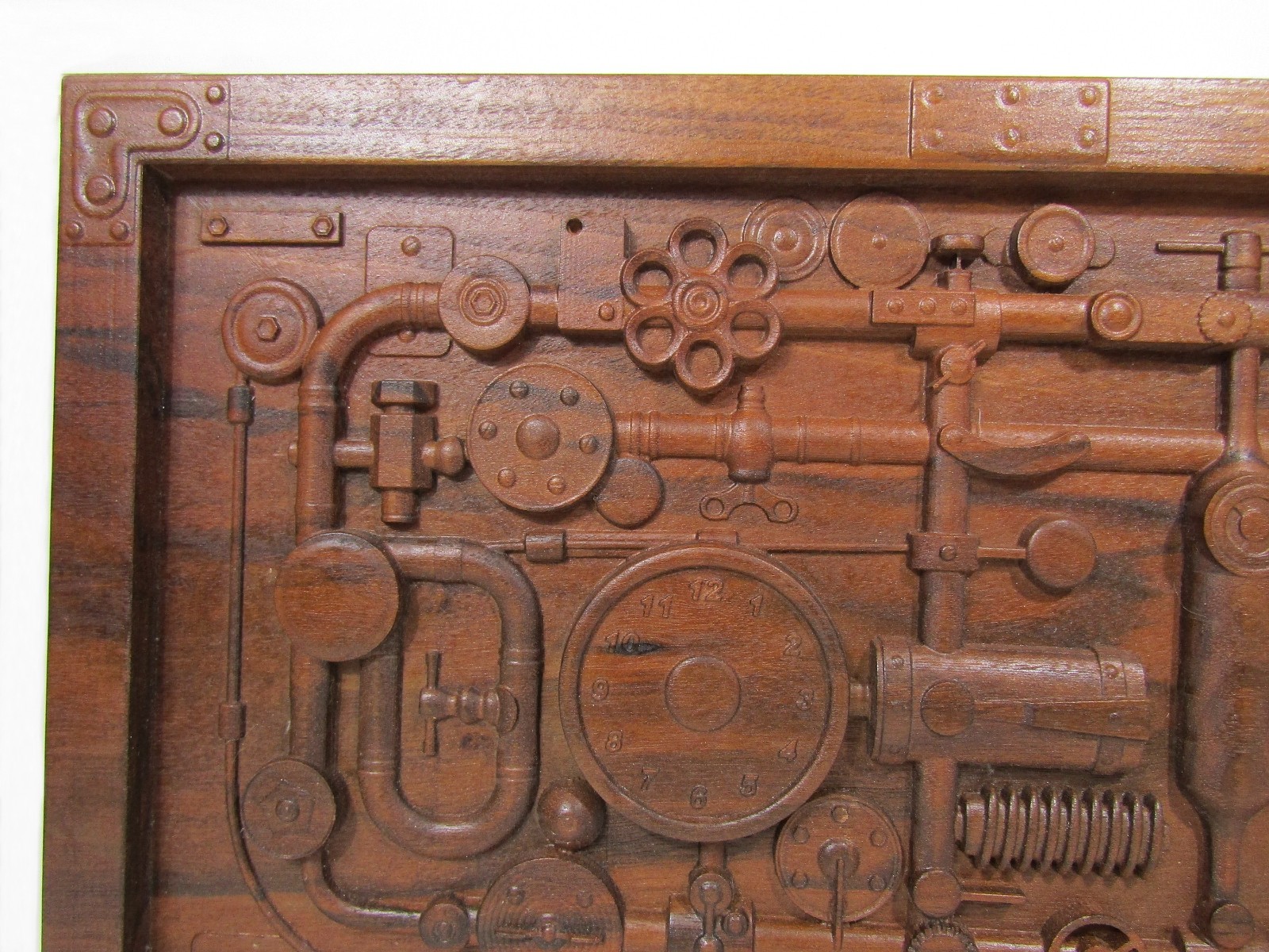 Industrial Steampunk Carved Wood Pipes & Gears Relief Wall Art Panel 20×12