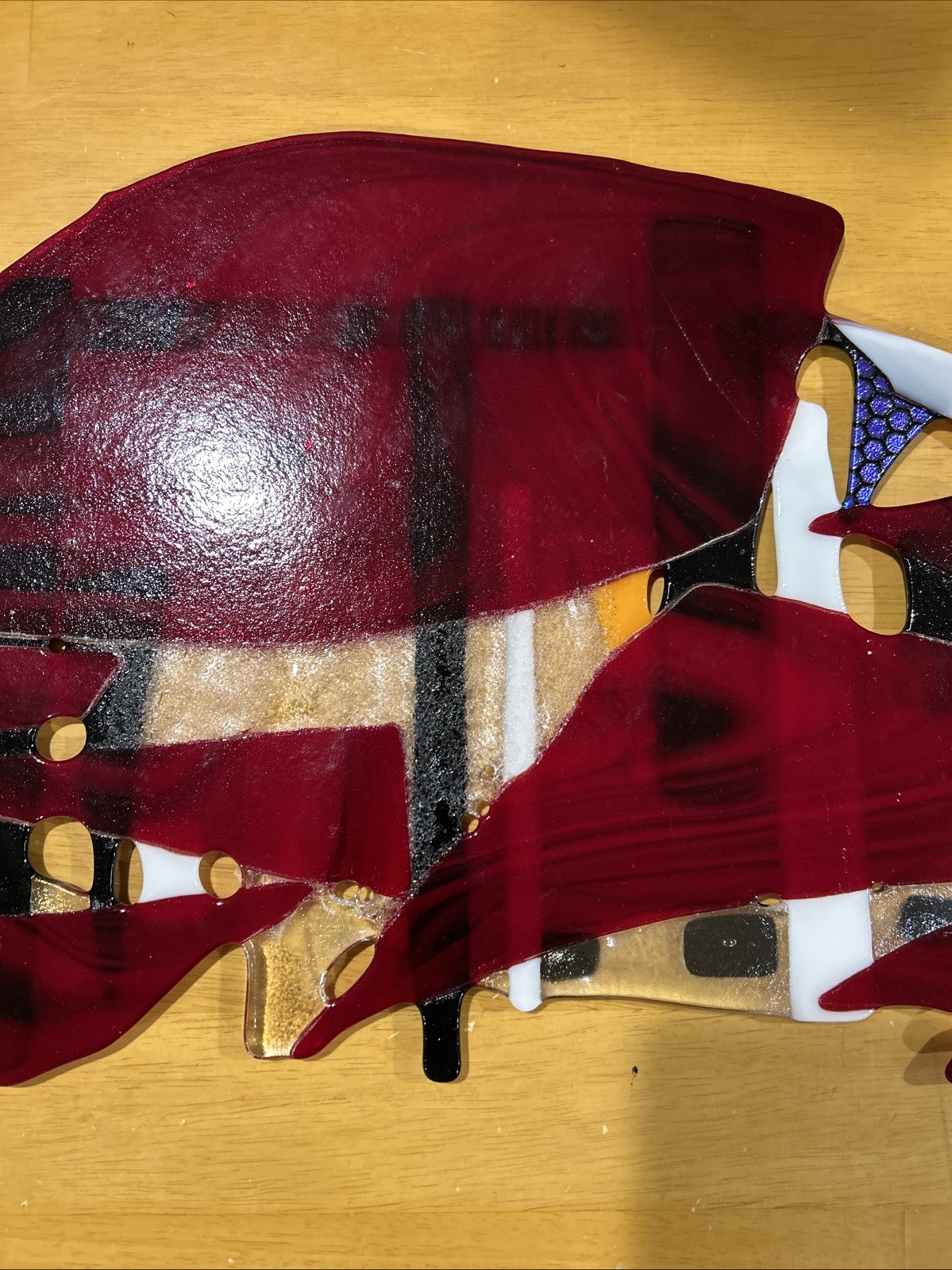 Art Glass Fused Abstract Red White Black & Orange Used