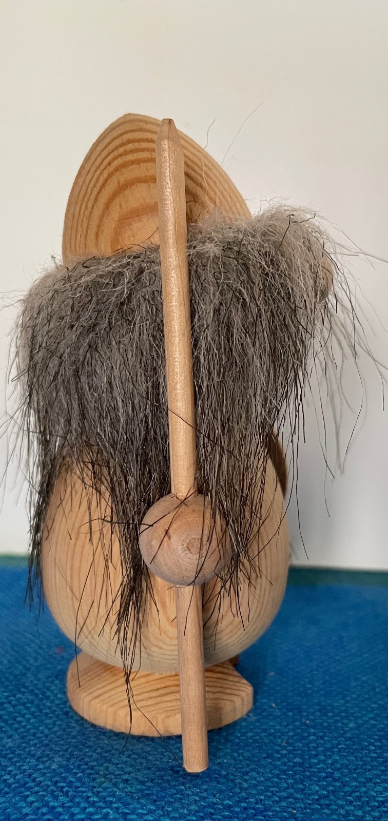 SWEDEN MID-20TH C VINT VIKING WARRIOR Wood Helmet Spear Shield 4.5&Prime; Hairy Troll