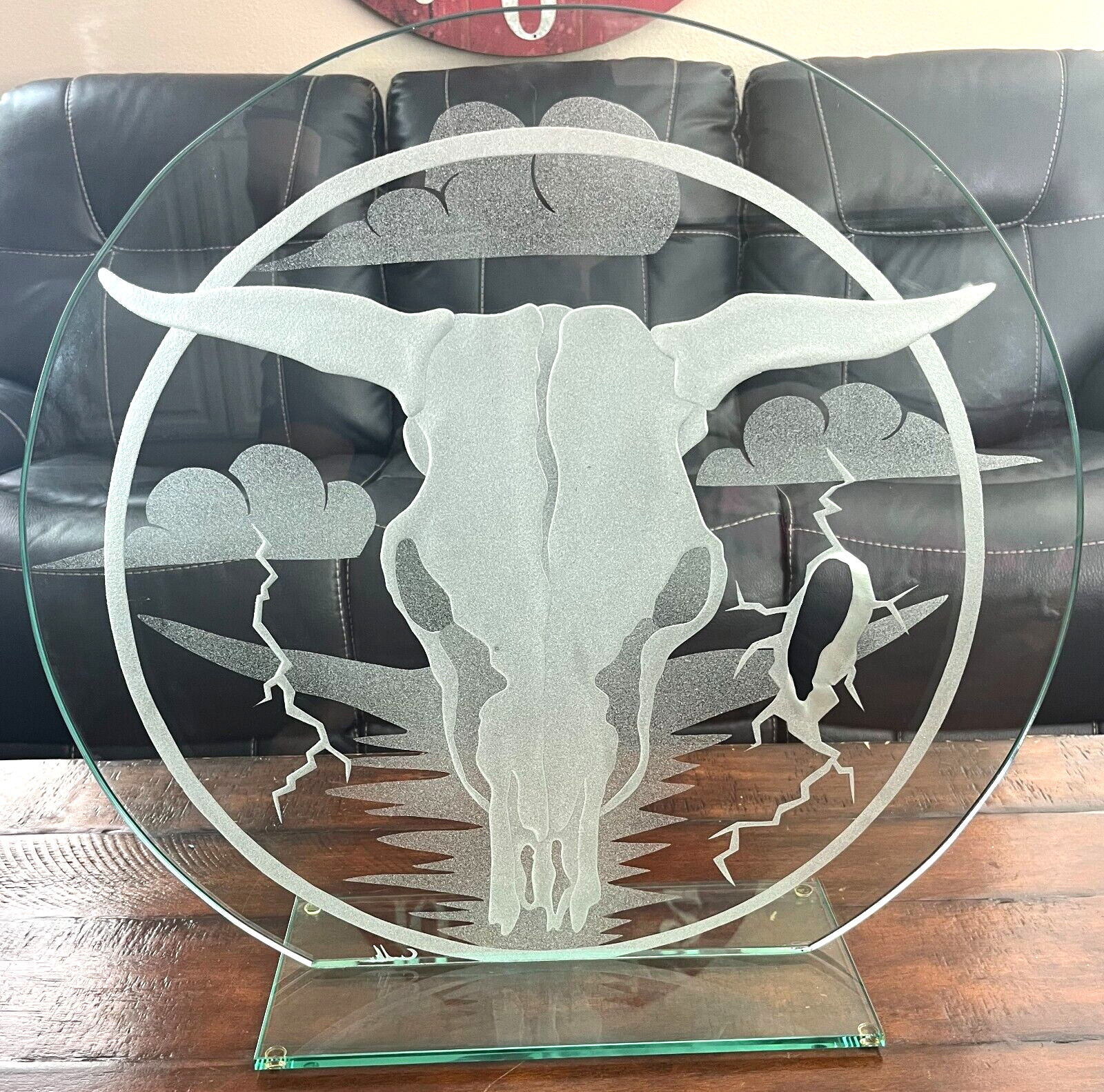 Large Cow Steer Skull Art Glass 24&Prime; Wide Etched Free Standing