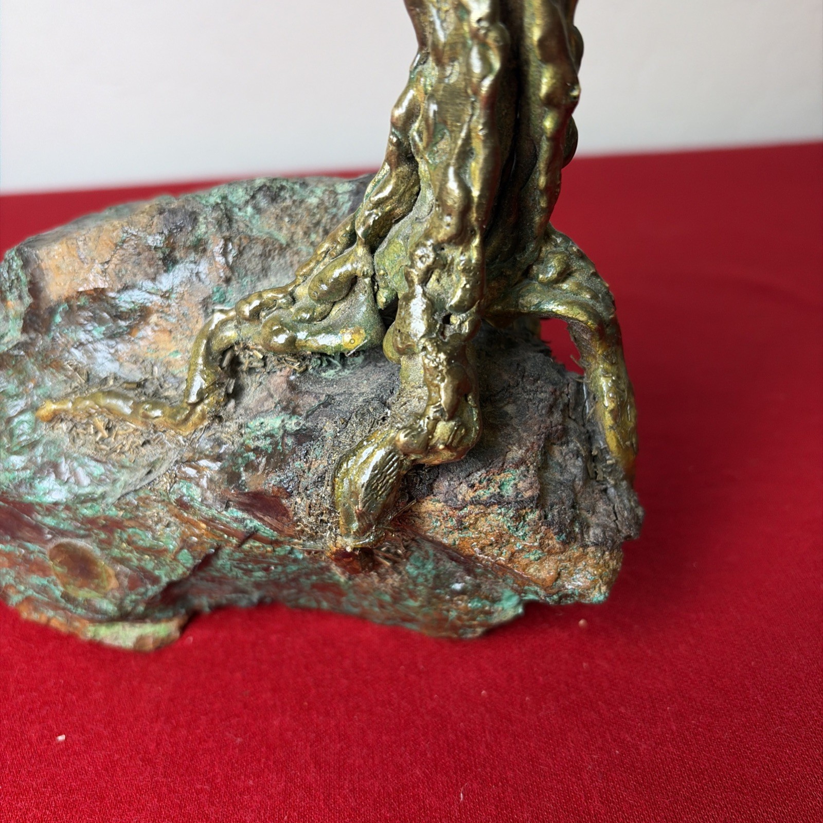Brutalist Bonsai Cypress Tree Sculpture+Green Stones(Some Missing) Vintage Bell?
