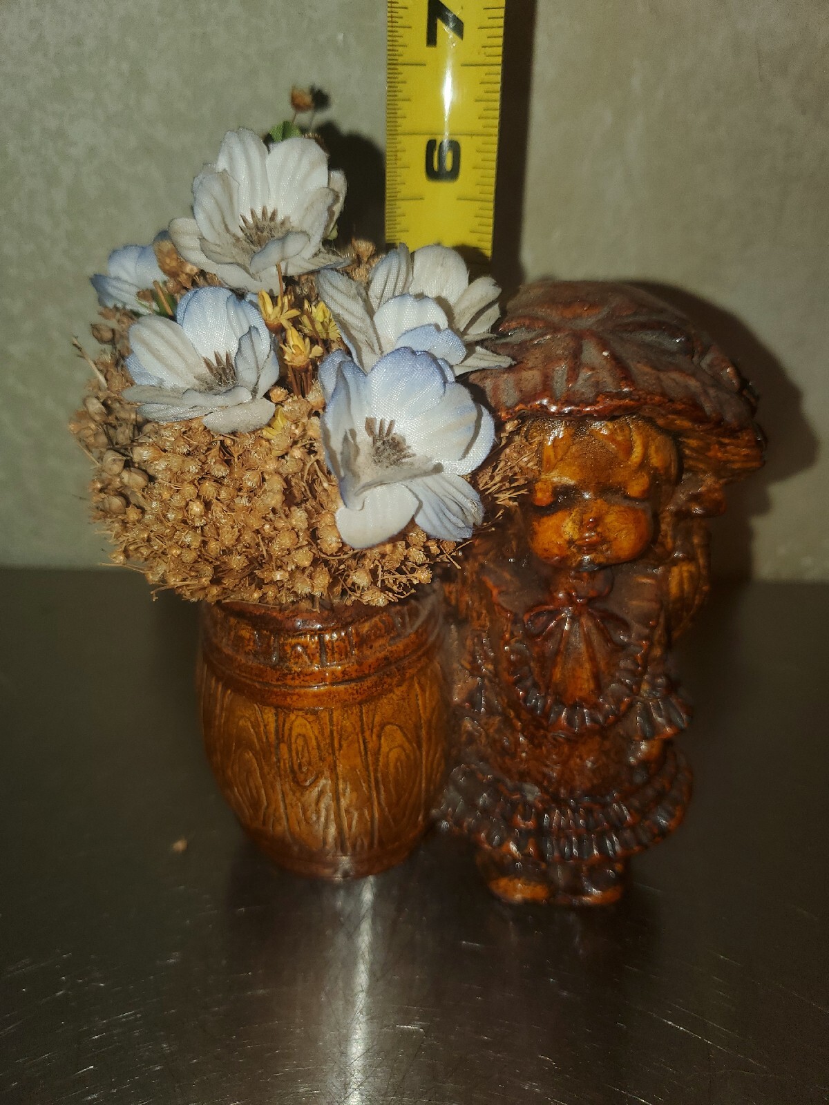 Unique Vintage 6&Prime; Tall Figurine Chalkware Girl Planter Decor w/Dried Flowers