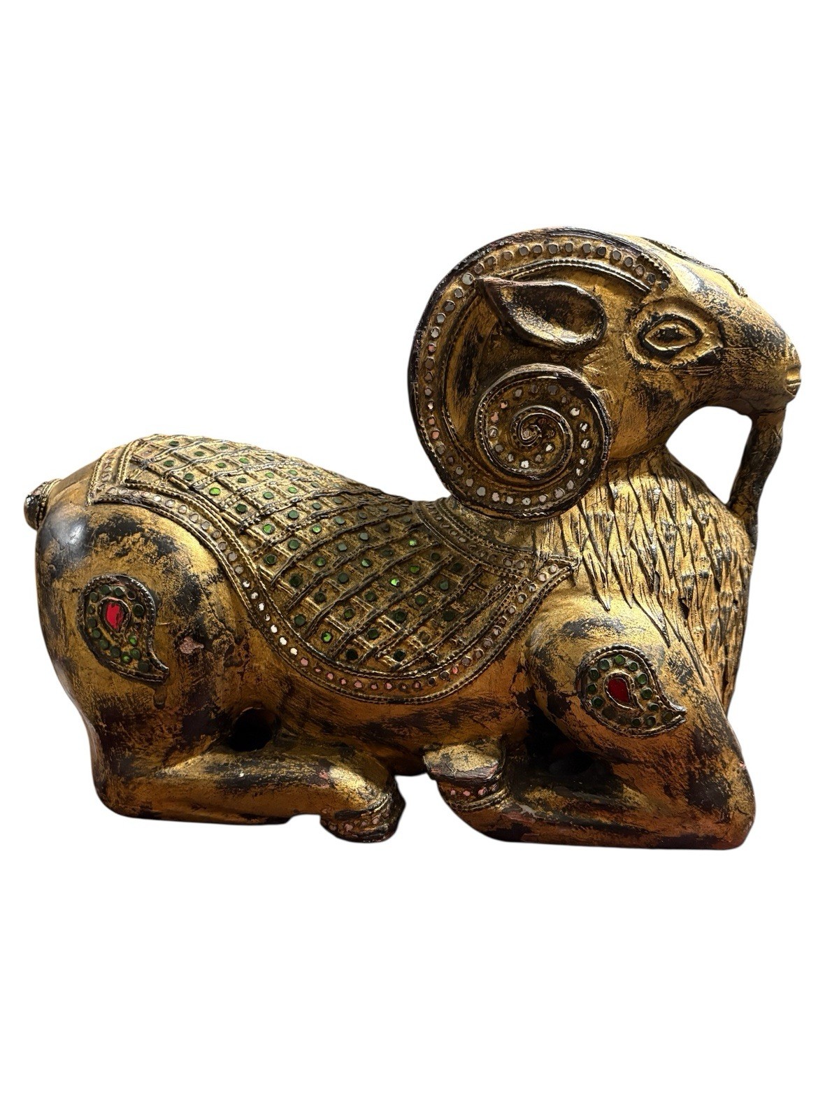 Antique Indian Gilt Wooden carved Ram Sculpture 11” Tall 15” Length By 6” Wide